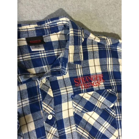 Womens Stranger Things Netflix Flannel Size Large Embroidered Red Blue White - Picture 2 of 3
